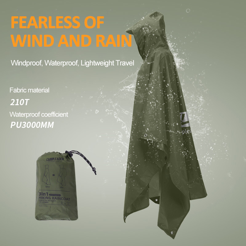 Camping Rain Poncho - 3 In 1 Outdoor Raincoat Hooded